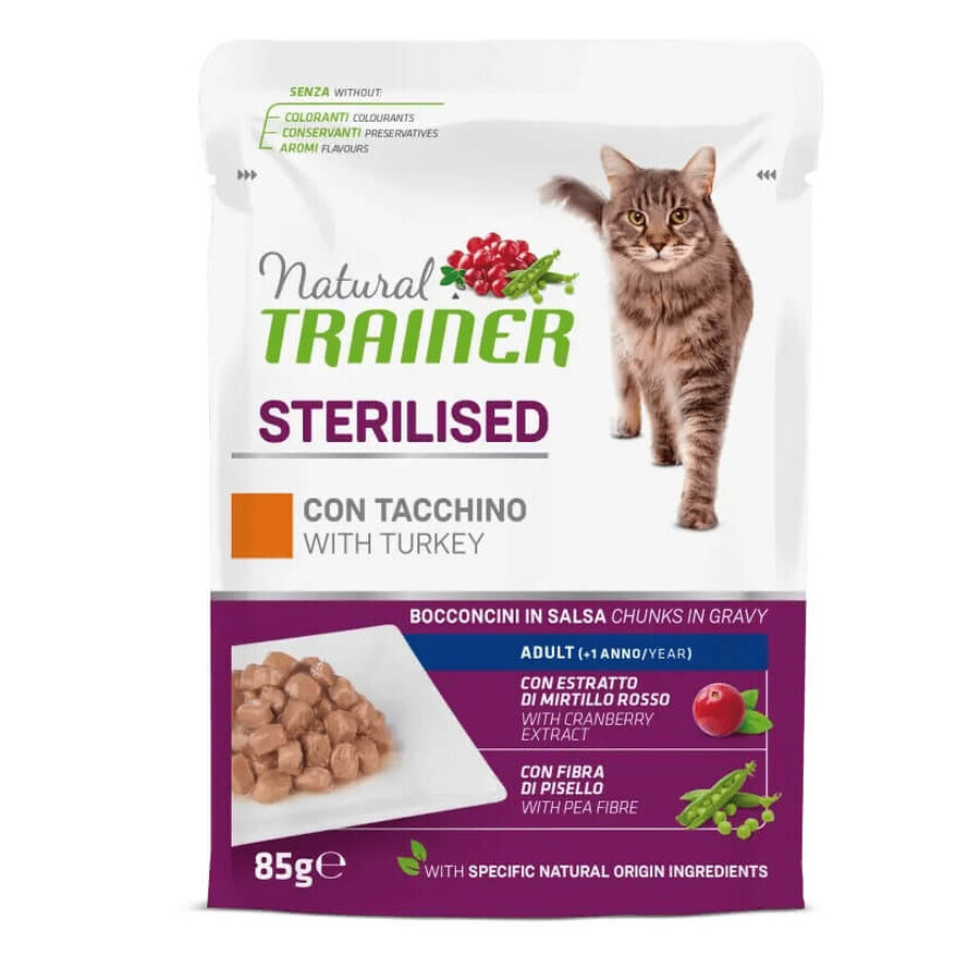 Nourriture humide avec de la dinde pour chats adultes stérilisés, 85 g, Natural Trainer