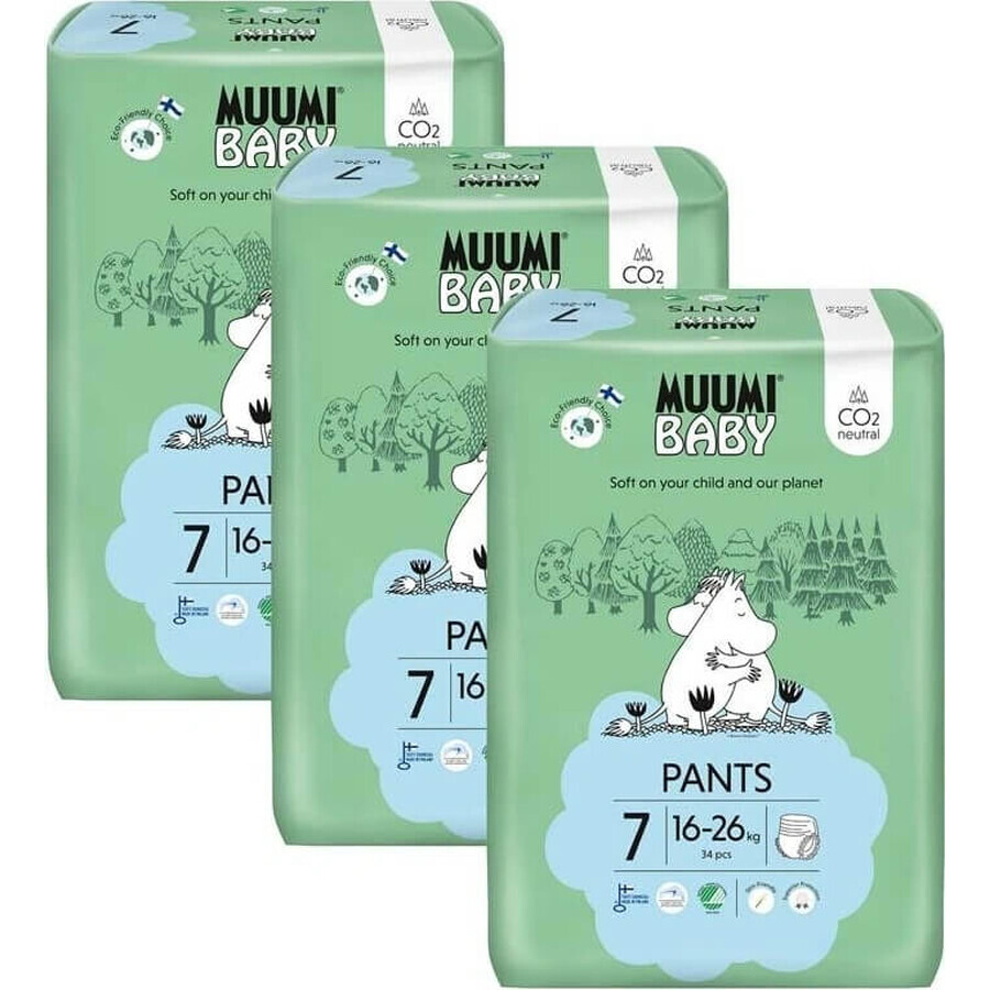 Muumi Baby Pants 7 XL 16-26 kg, 1×102pcs paquet mensuel de couches bio, couches bio