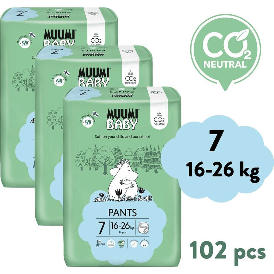 Muumi Baby Pants 7 XL 16-26 kg, 1×102pcs paquet mensuel de couches bio, couches bio