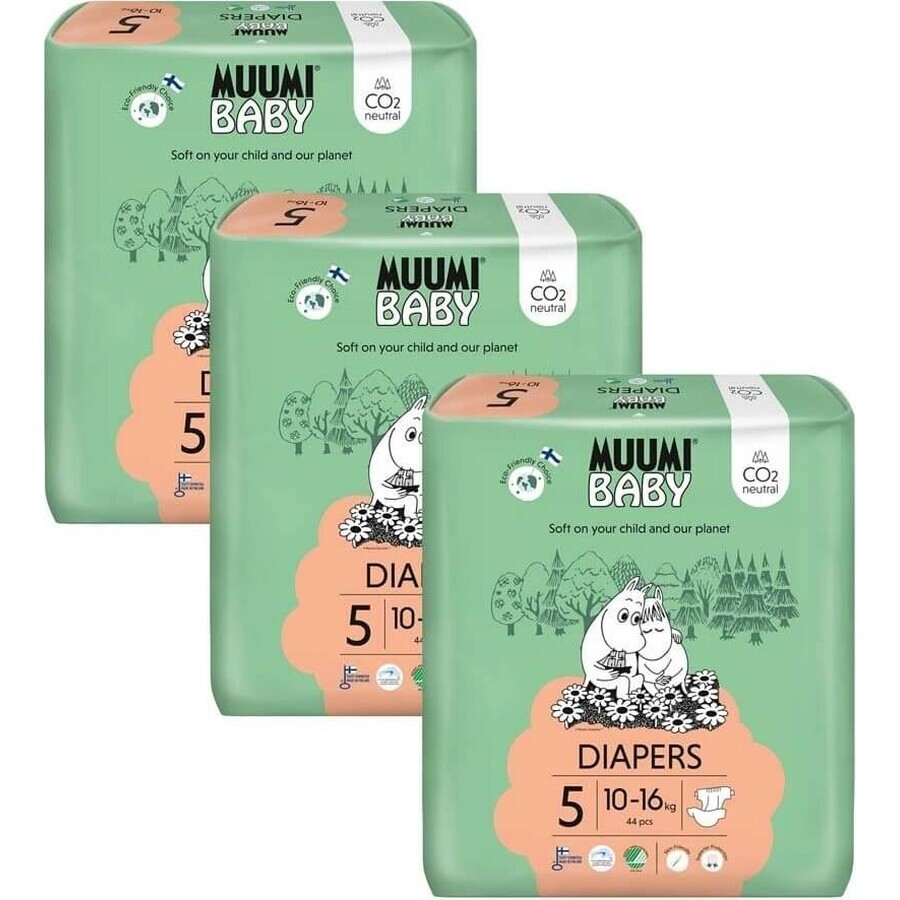 Muumi Baby 5 Maxi+ 10-16 kg, 1×132pcs paquet mensuel de couches bio, ECO Nappies