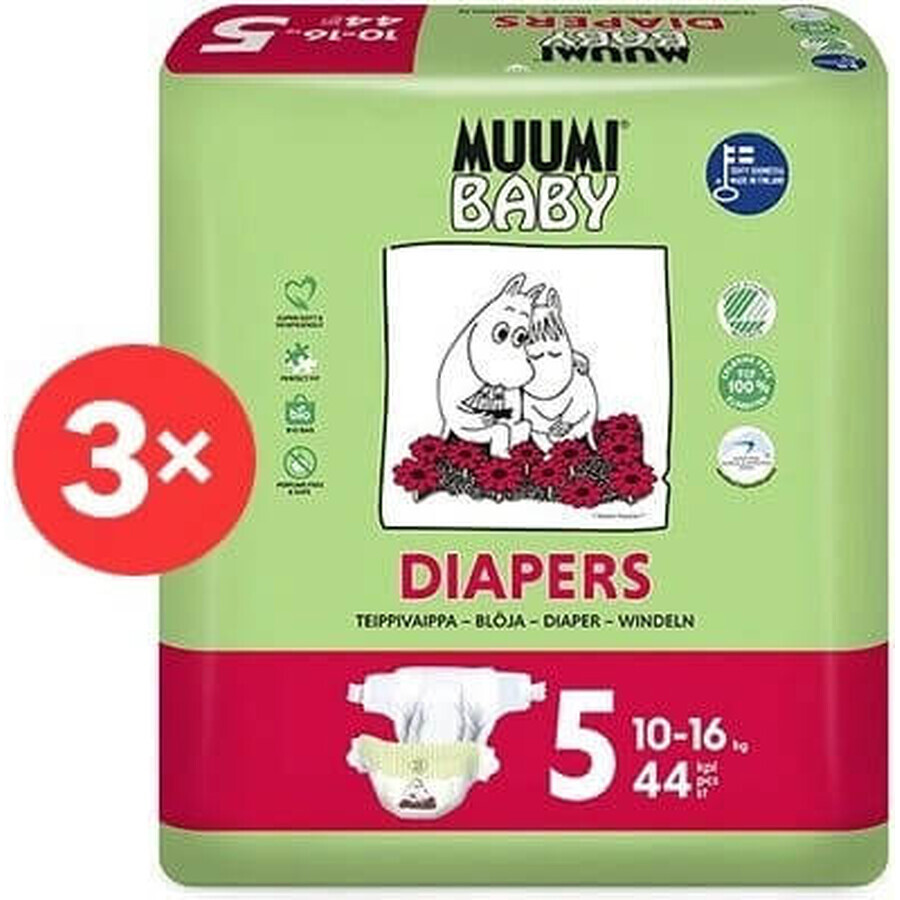 Muumi Baby 5 Maxi+ 10-16 kg, 1×132pcs paquet mensuel de couches bio, ECO Nappies