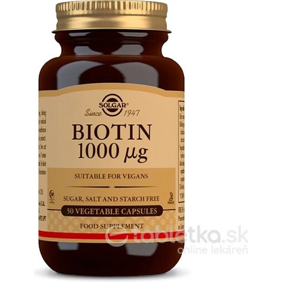 Solgar Biotin 1000 μg Pour les cheveux et la peau 50 gélules 1×50 cps, complément alimentaire.