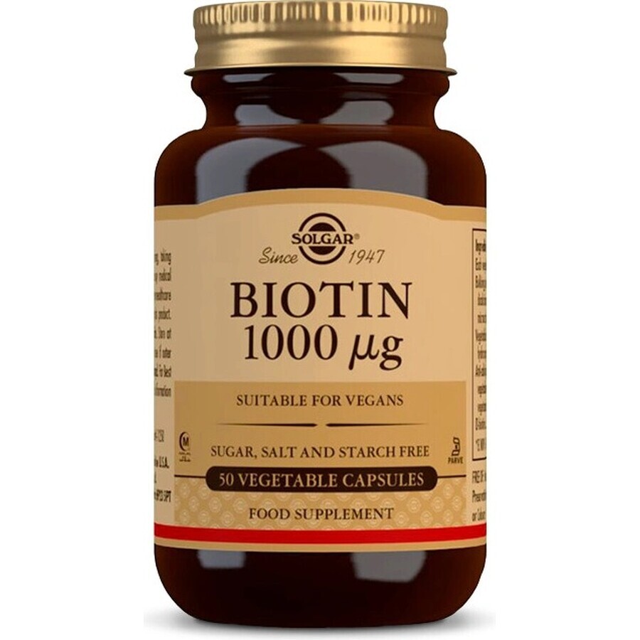 Solgar Biotin 1000 μg Pour les cheveux et la peau 50 gélules 1×50 cps, complément alimentaire.