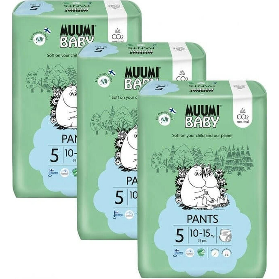 Muumi Baby Pants 5 Maxi+ 10-15 kg, paquet mensuel de culottes de protection 1×114pcs, culottes de protection écologiques