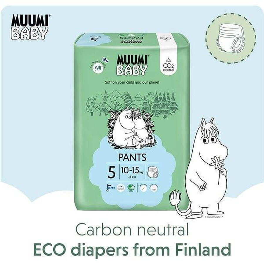 Muumi Baby Pants 5 Maxi+ 10-15 kg, paquet mensuel de culottes de protection 1×114pcs, culottes de protection écologiques