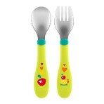 Chicco Stainless steel spoon/fork, 18m+ - green 1× spoon;1× fork