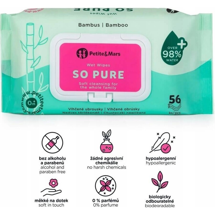 PETITE&MARS Wet wipes SO PURE bamboo biodegradable plastic free 56 pcs 1×56 pcs, wet wipes