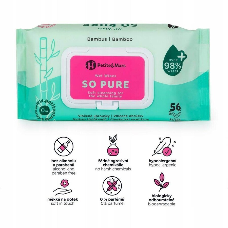 PETITE&MARS Wet wipes SO PURE bamboo biodegradable plastic free 56 pcs 1×56 pcs, wet wipes