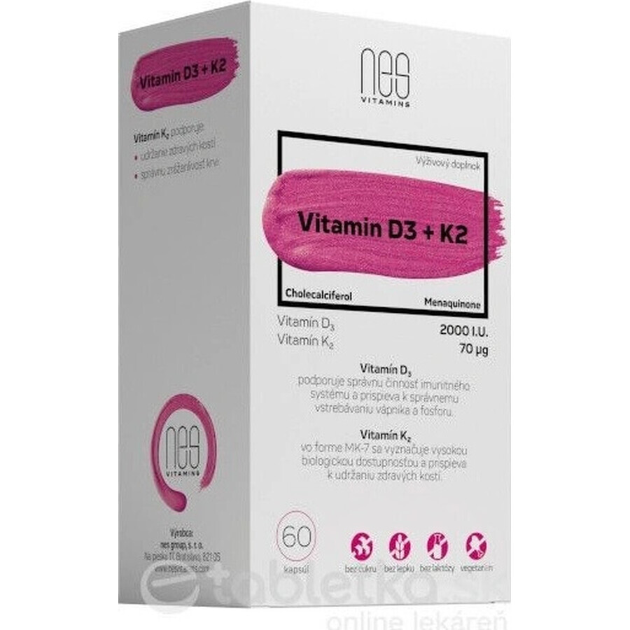 nesVITAMINS Vitamine D3 2000 I.U. + K2 70 μg 1×60 cps, voedingssupplement