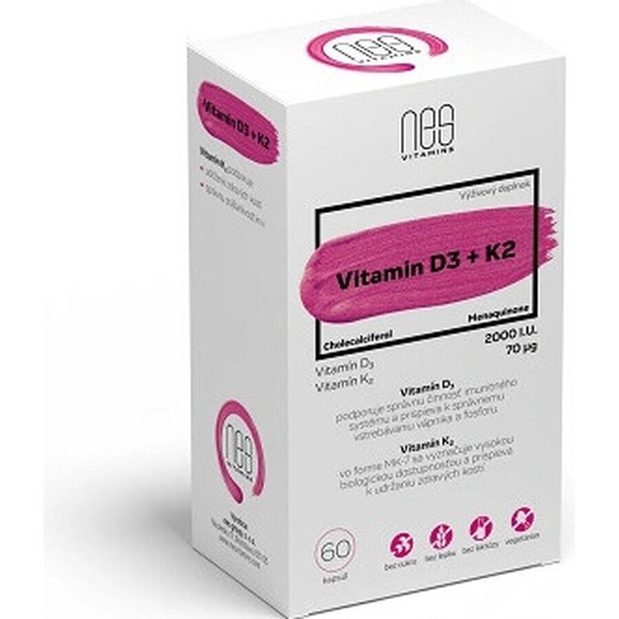 nesVITAMINS Vitamine D3 2000 I.U. + K2 70 μg 1×60 cps, voedingssupplement