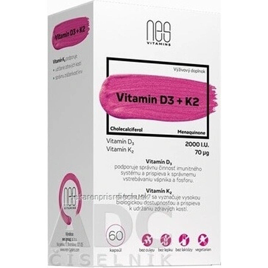 nesVITAMINS Vitamine D3 2000 I.U. + K2 70 μg 1×60 cps, voedingssupplement