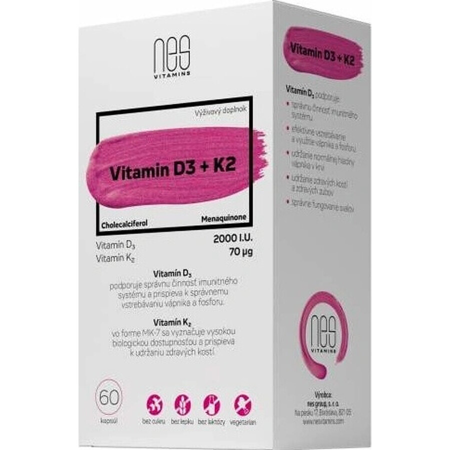 nesVITAMINS Vitamine D3 2000 I.U. + K2 70 μg 1×60 cps, voedingssupplement