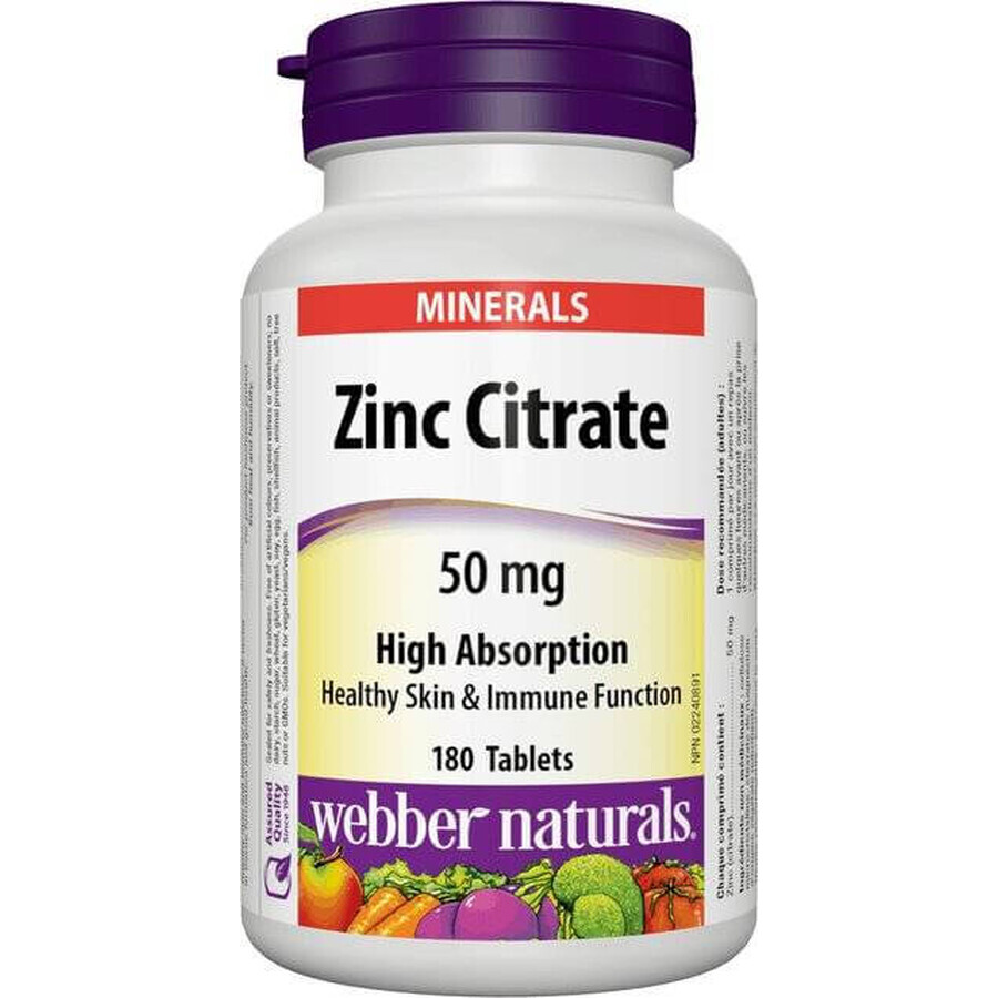 WEBBER NATURALS Zinc 50 mg Citrato 1×180 tbl, complemento alimenticio