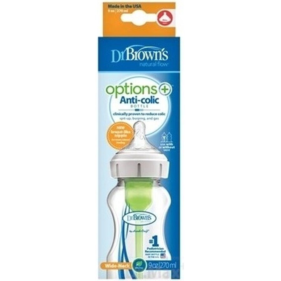 Dr.BROWN'S BABY BOTTLE OPTIONS+ 270 ml 1×1 buc, cu gât larg, 0M+, anti-colic, sticlă, alb