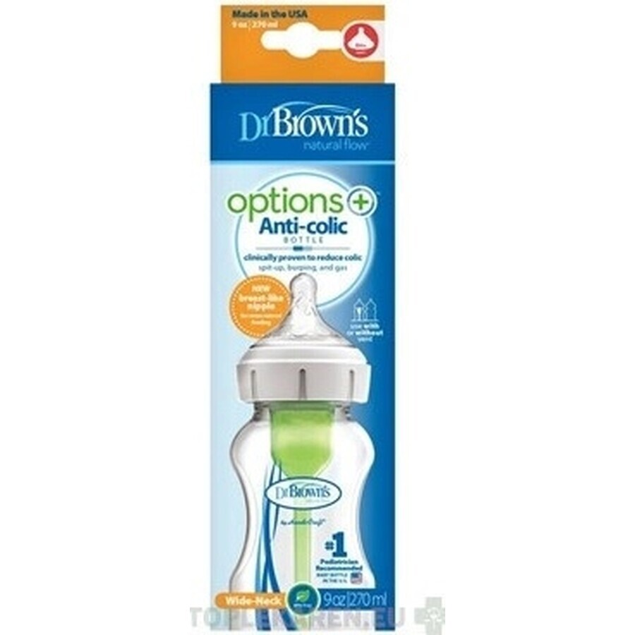 Dr.BROWN'S BABY BOTTLE OPTIONS+ 270 ml 1×1 buc, cu gât larg, 0M+, anti-colic, sticlă, alb