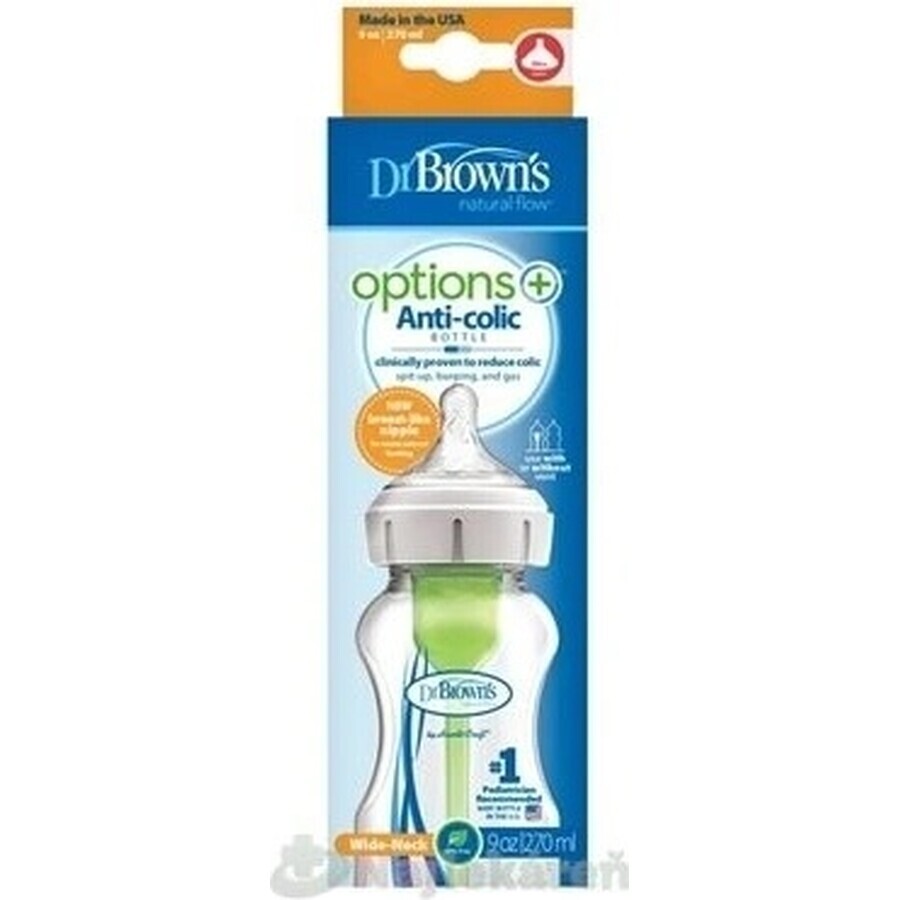 Dr.BROWN'S BABY BOTTLE OPTIONS+ 270 ml 1×1 buc, cu gât larg, 0M+, anti-colic, sticlă, alb