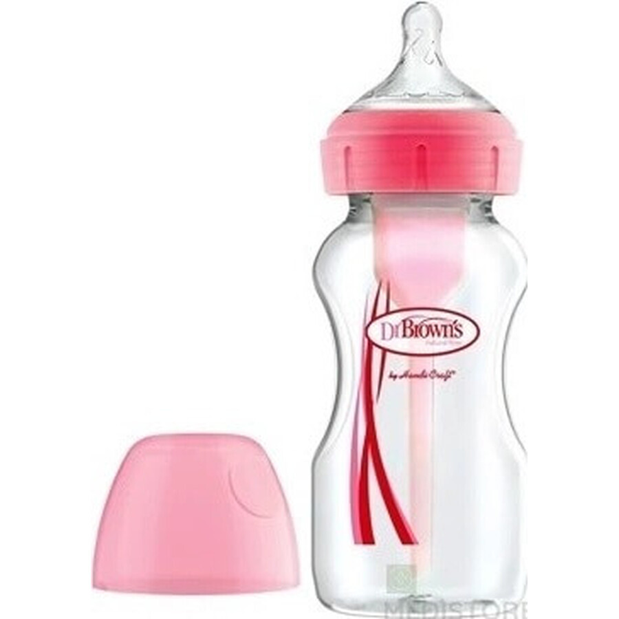 Dr.BROWN'S BABY BOTTLE OPTIONS+ 270 ml 1×1 buc, cu gât larg, 0M+, anti-colic, sticlă, alb