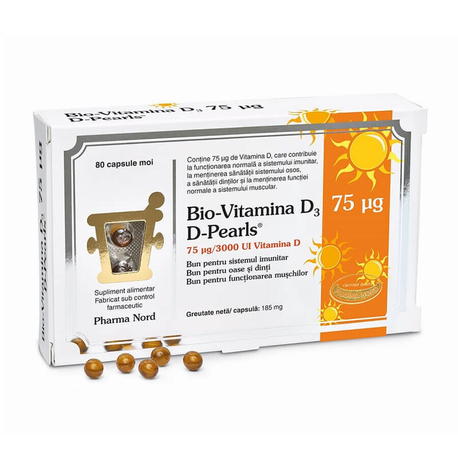 Bio Vitamin D3 3000IU D-Perlen 75 mcg, 80 Weichkapseln, Pharma Nord