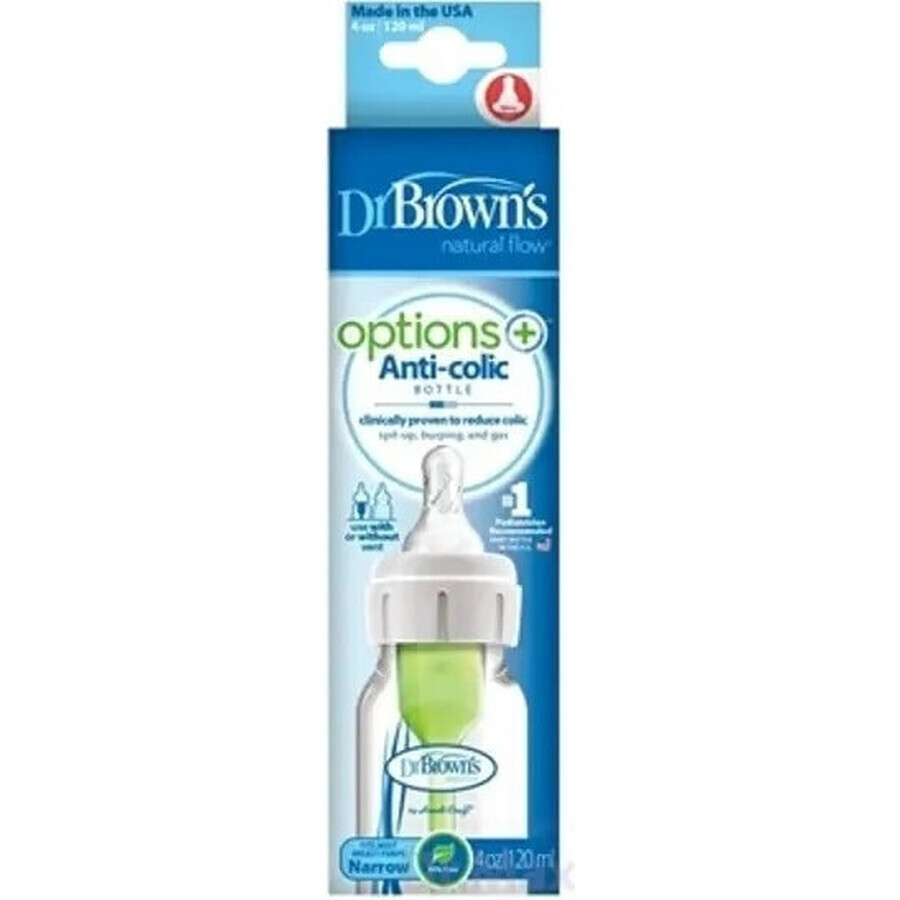 Dr.BROWN'S BABY BOTTLE OPTIONS+ 120 ml 1×1 unidad, estrecho, 0M+, anticólico, plástico, blanco