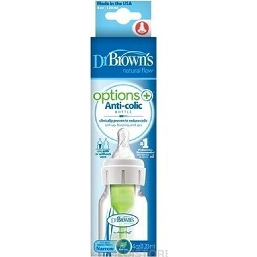 Dr.BROWN'S BABY BOTTLE OPTIONS+ 120 ml 1×1 unidad, estrecho, 0M+, anticólico, plástico, blanco