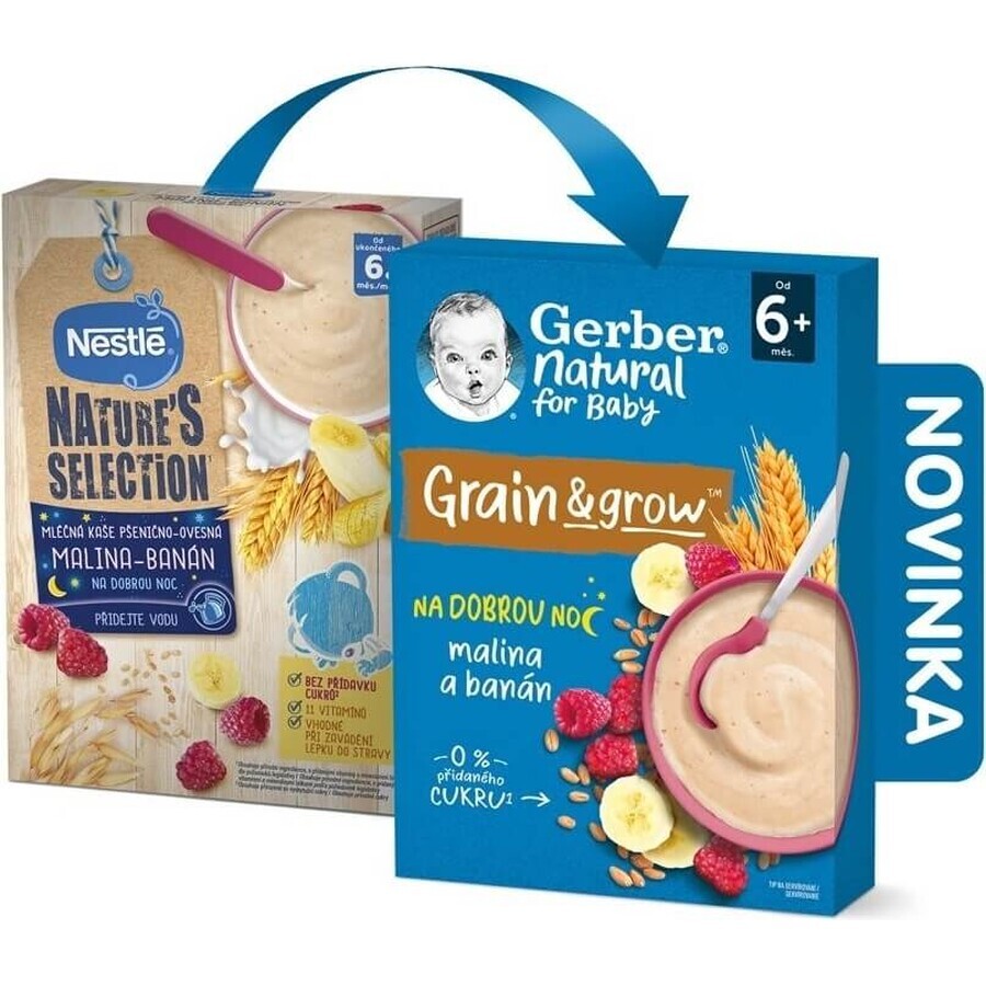 Gerber Natural Milk Porridge Grano-Avena 1×220 g, lampone e banana (da 6 mesi)