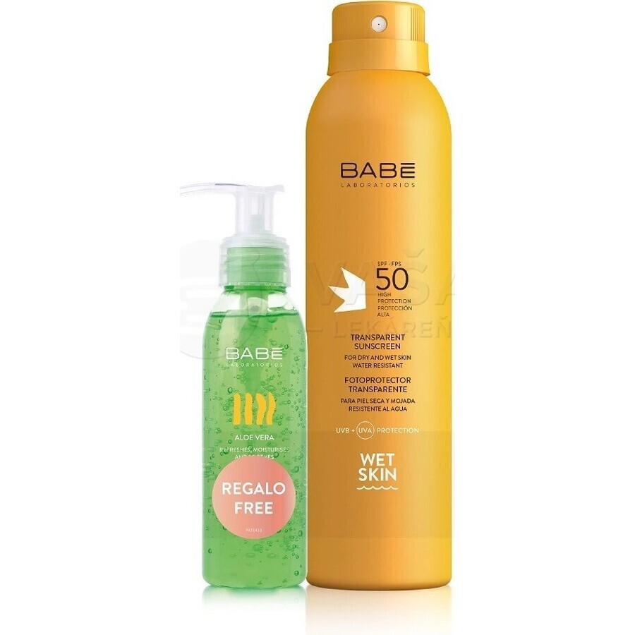 BABÉ SUN Spray solaire SPF 50 + gel d'aloe vera, 1x1 set 1x200 + 90 ml, spray solaire + cadeau : gel rafraîchissant