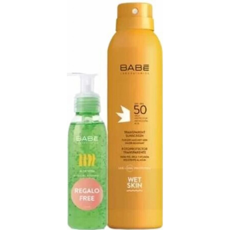 BABÉ SUN Spray solaire SPF 50 + gel d'aloe vera, 1x1 set 1x200 + 90 ml, spray solaire + cadeau : gel rafraîchissant