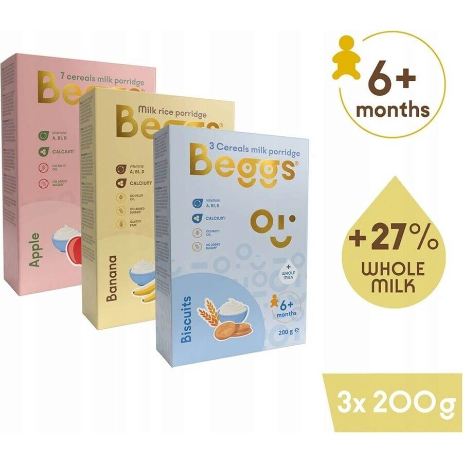 Beggs Mix porridge di avena con latte intero 3×200 g, porridge di avena per bambini