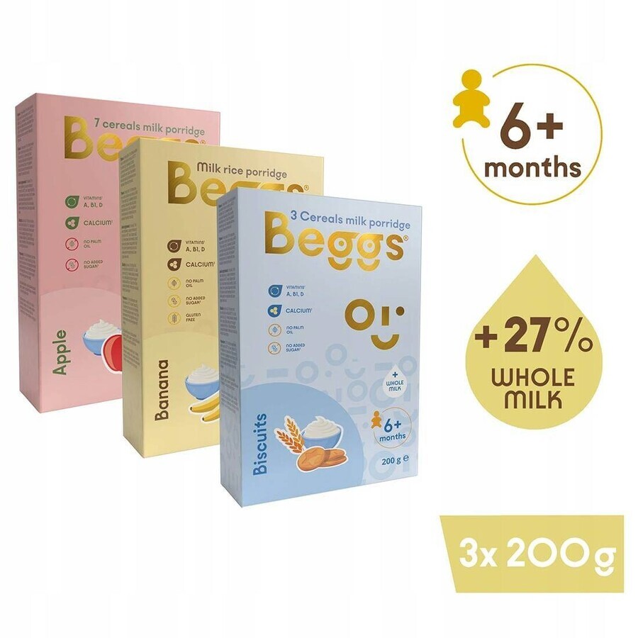 Beggs Mix porridge di avena con latte intero 3×200 g, porridge di avena per bambini