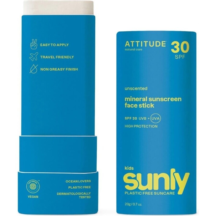 ATTITUDE Bară de protecție 100% minerală pentru față și buze pentru copii SPF 30 neparfumată 1×20 g, bară pentru față și buze