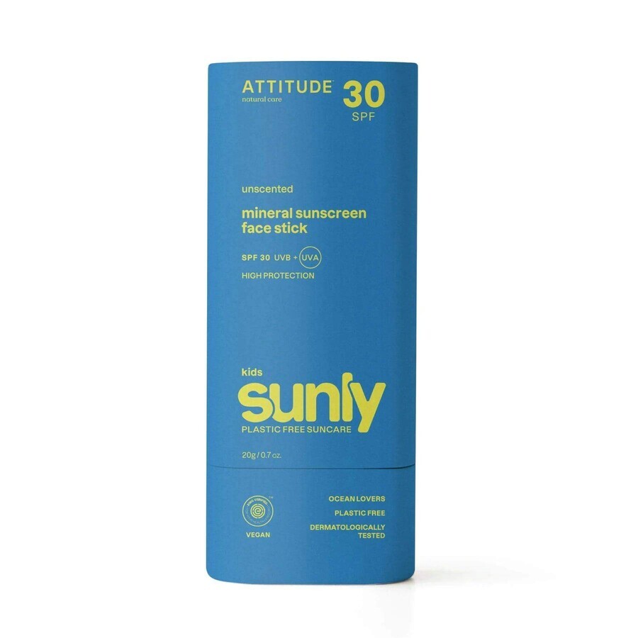 ATTITUDE Bară de protecție 100% minerală pentru față și buze pentru copii SPF 30 neparfumată 1×20 g, bară pentru față și buze