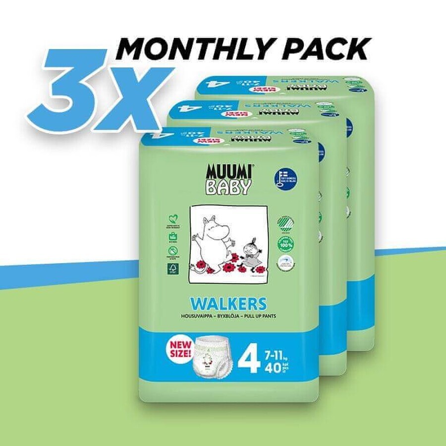 Muumi Baby Pants 4 Maxi 7-11 kg, confezione mensile di pannolini ecologici 1×120 pezzi, pannolini ecologici