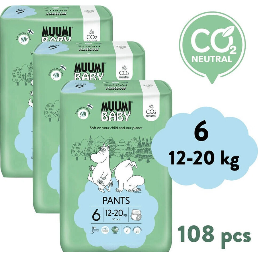 Muumi Baby Pants 6 Junior 12-20 kg, paquete mensual de eco pañales 1×108pcs, eco pañales