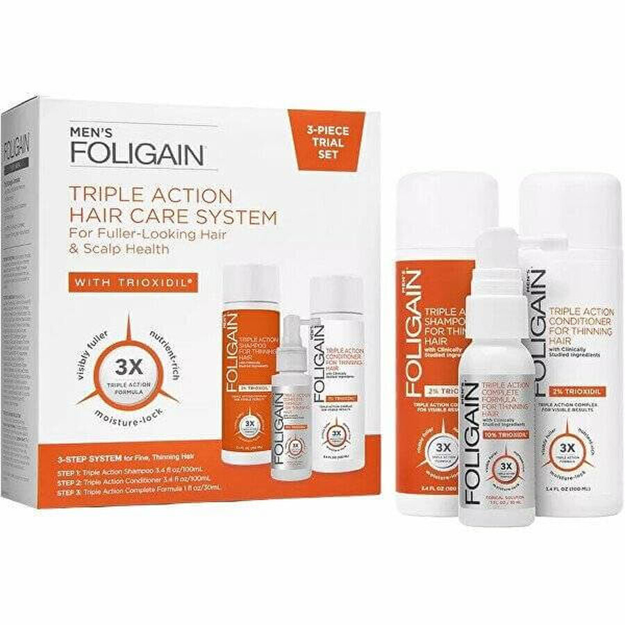 Foligain Triple Action set de călătorie împotriva căderii părului pentru bărbați 100ml + 100 ml + 30 ml 1×1 set, produse împotriva căderii părului