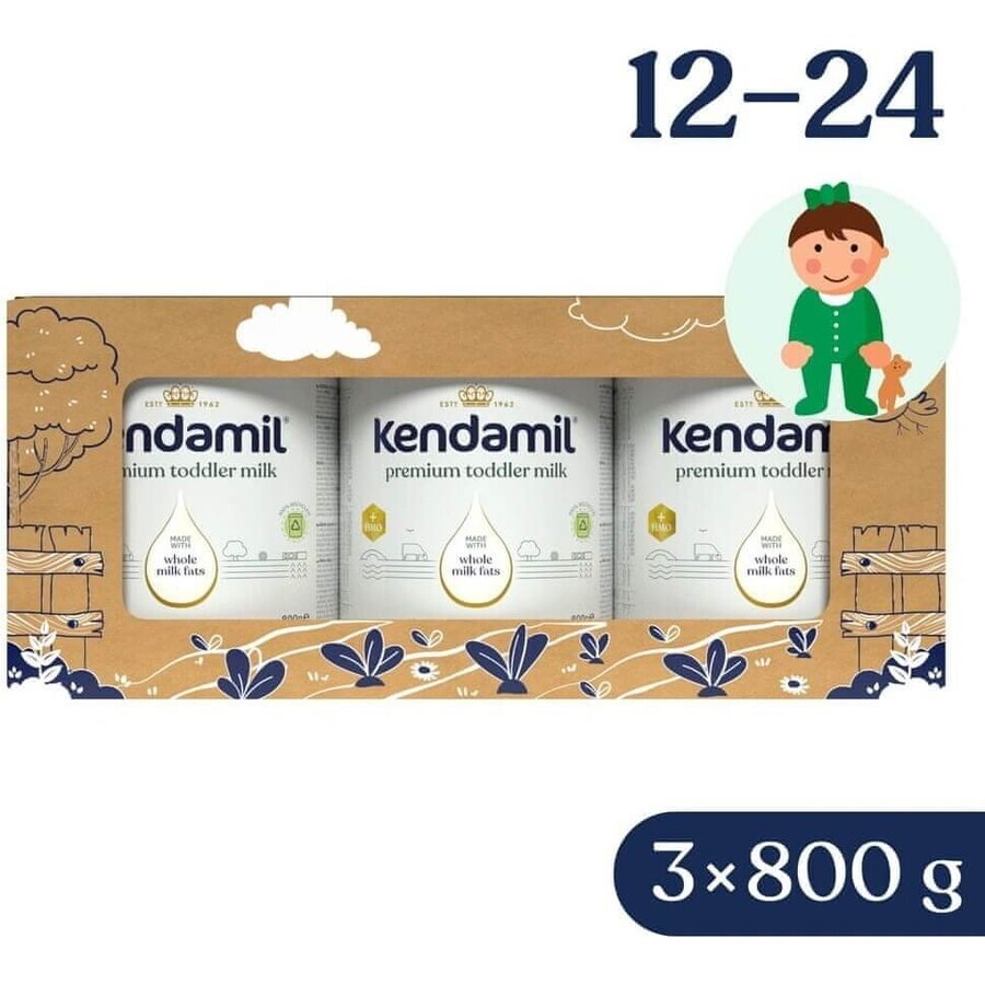 Kendamil Premium 3 HMO+, confezione regalo creativa 3×800 g, latte per i più piccoli