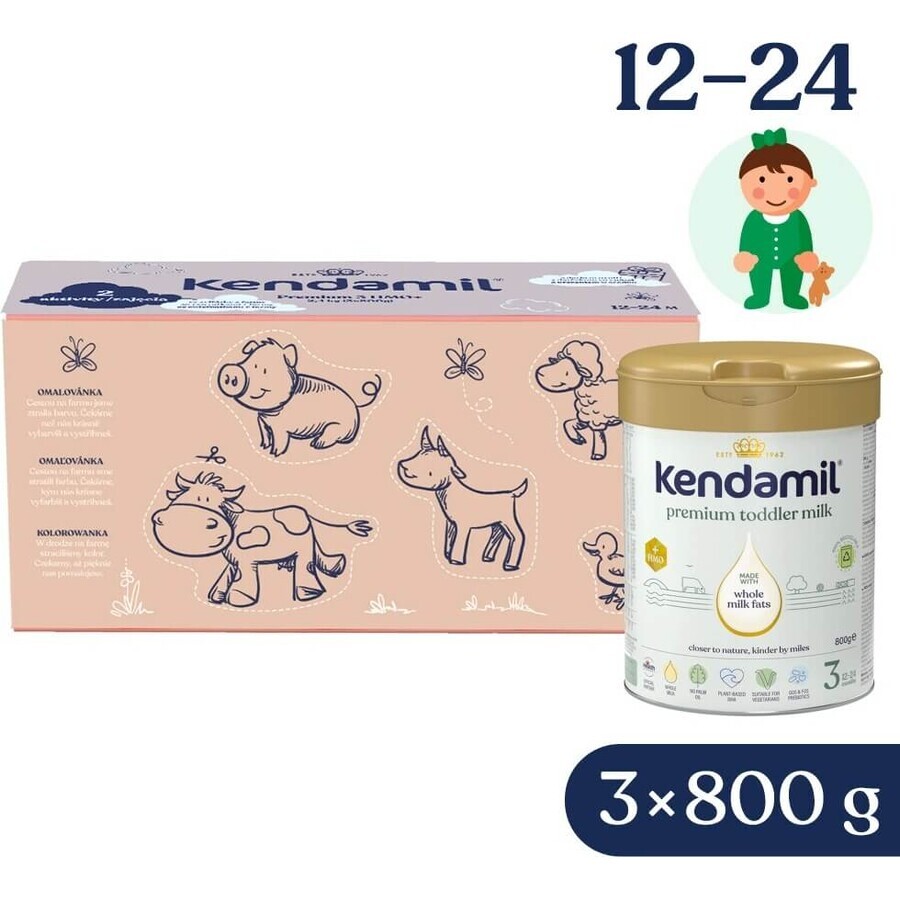 Kendamil Premium 3 HMO+, confezione regalo creativa 3×800 g, latte per i più piccoli