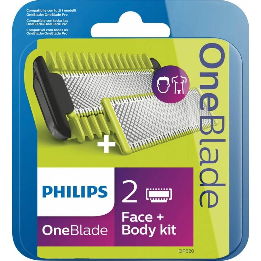 Philips OneBlade QP624/50 360 lames de rechange pour le visage et le corps + peigne pour le corps et accessoire intime 1×1 pc, lames de rechange