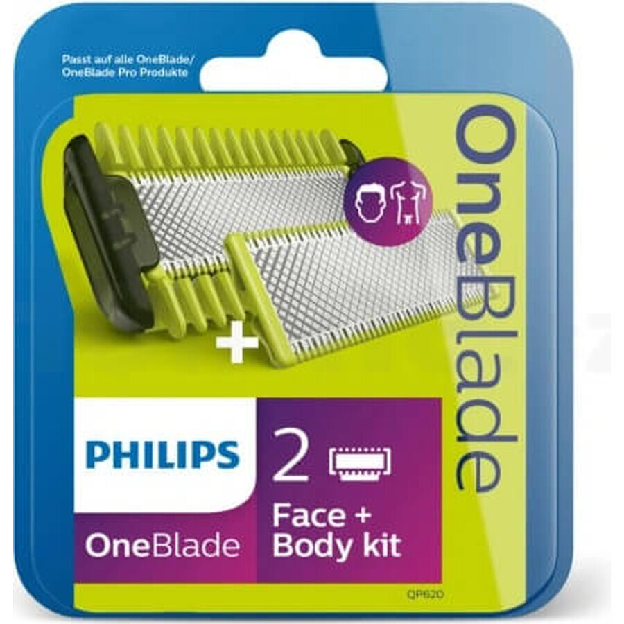 Philips OneBlade QP624/50 360 lames de rechange pour le visage et le corps + peigne pour le corps et accessoire intime 1×1 pc, lames de rechange