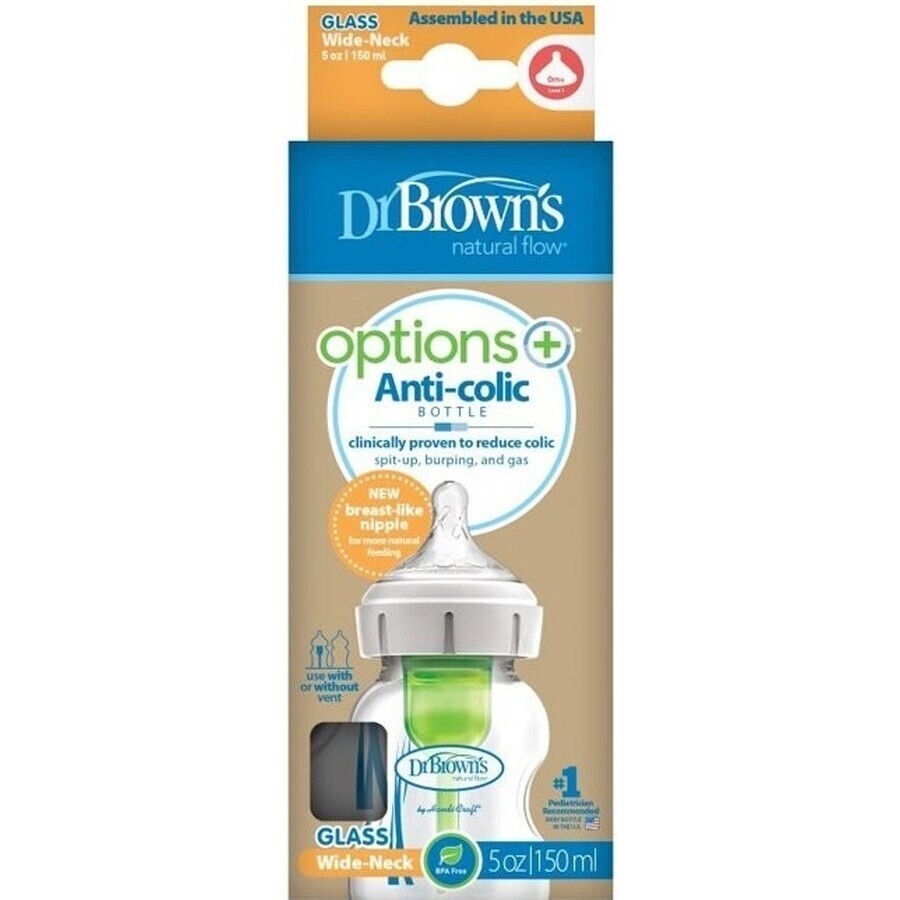 Dr.BROWN'S BABY BOTTLE OPTIONS+ 150 ml 1×1 buc, cu gât larg, 0M+, anti-colic, sticlă, alb