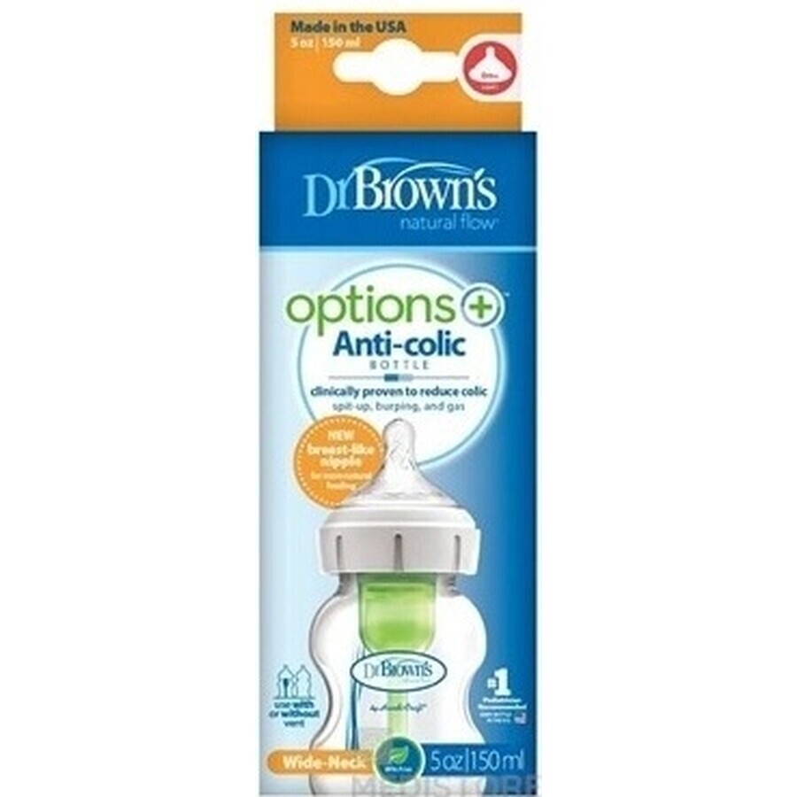 Dr.BROWN'S BABY BOTTLE OPTIONS+ 150 ml 1×1 buc, cu gât larg, 0M+, anti-colic, sticlă, alb