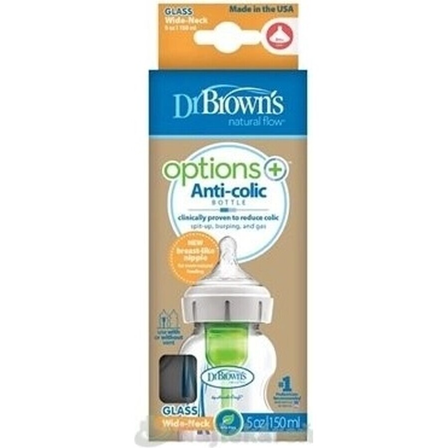 Dr.BROWN'S BABY BOTTLE OPTIONS+ 150 ml 1×1 buc, cu gât larg, 0M+, anti-colic, sticlă, alb