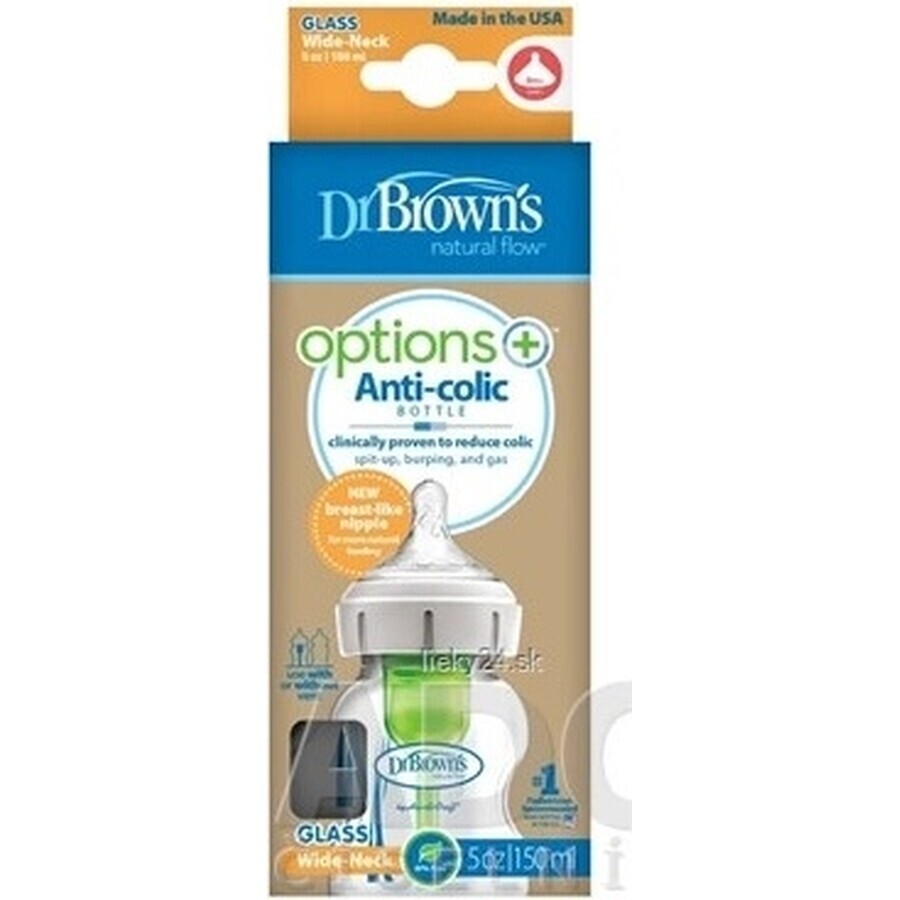 Dr.BROWN'S BABY BOTTLE OPTIONS+ 150 ml 1×1 buc, cu gât larg, 0M+, anti-colic, sticlă, alb