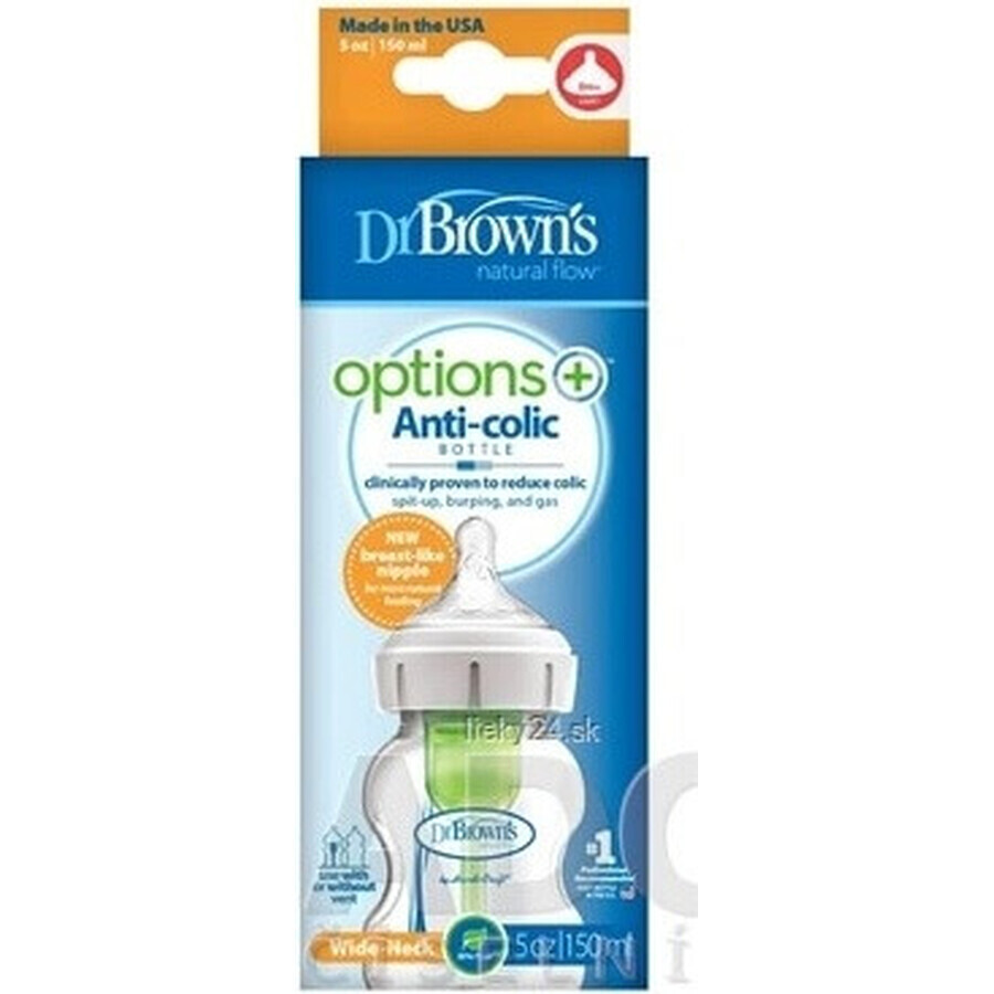 Dr.BROWN'S BABY BOTTLE OPTIONS+ 150 ml 1×1 buc, cu gât larg, 0M+, anti-colic, sticlă, alb