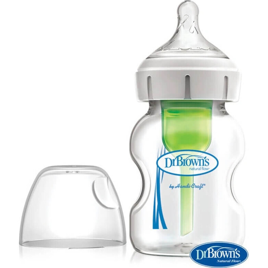 Dr.BROWN'S BABY BOTTLE OPTIONS+ 150 ml 1×1 buc, cu gât larg, 0M+, anti-colic, sticlă, alb