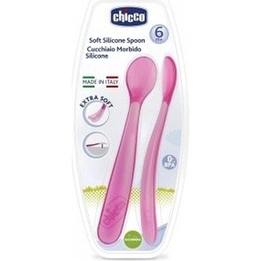 CHICCO Cuchara de silicona 2 piezas rosa 6m+ 1×1 piezas, 2 piezas rosa 6m+ 1×1 piezas, suave para las encías del bebé