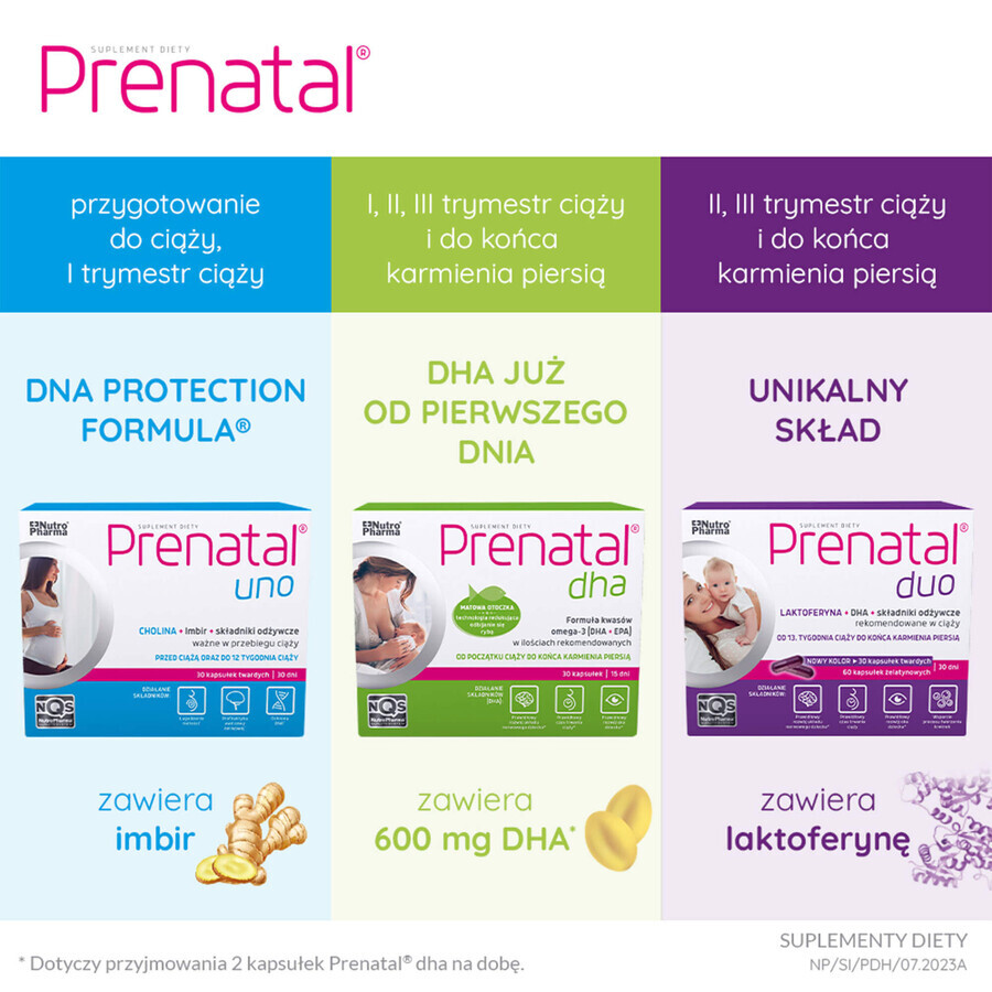 Prenatal Uno Set, 30 gélules + 30 gélules + Prenatal DHA, 30 gélules + bouteille gratuite