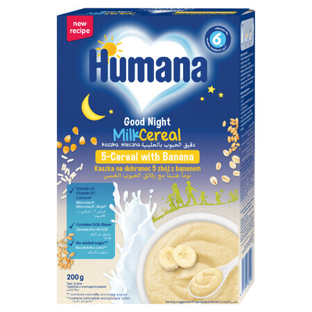 Humana Gachas de avena 5 cereales con plátano, leche, sin azúcares añadidos, a partir de 6 meses, 200 g