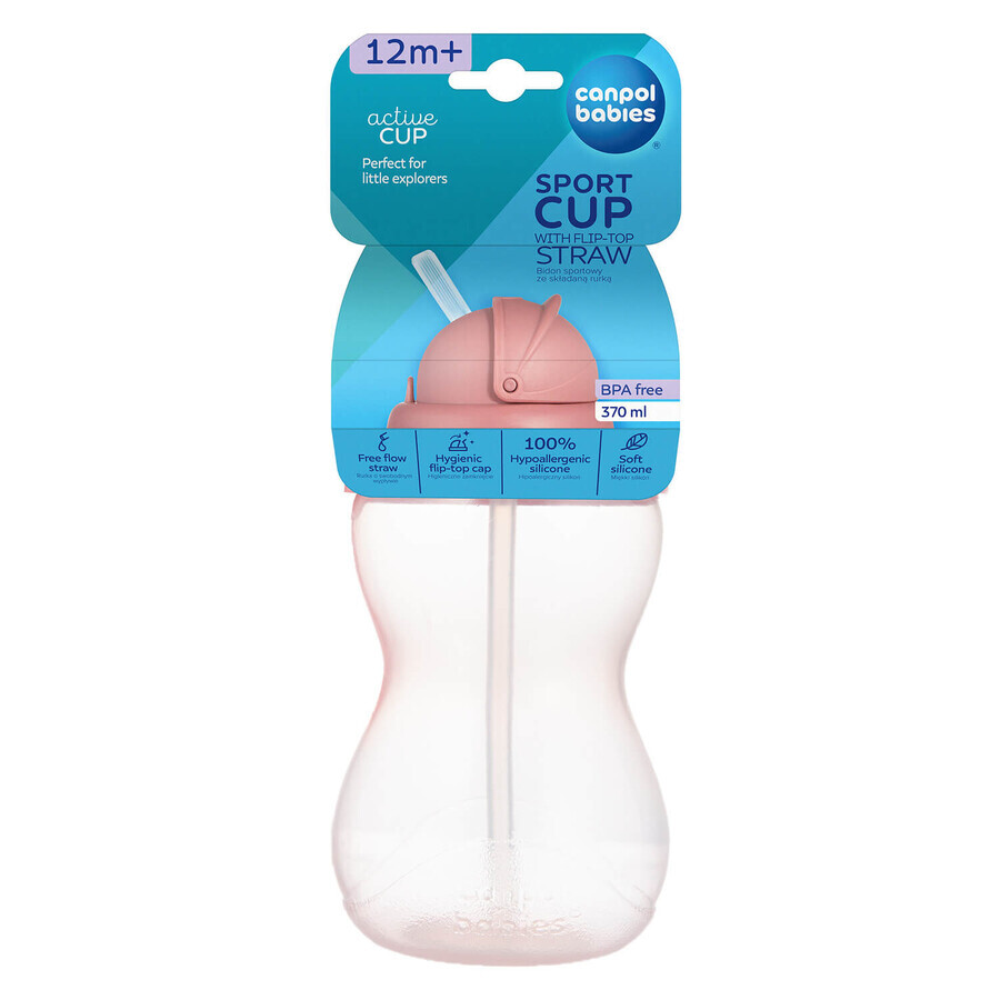 Canpol Babies, biberon avec tube en silicone pliable, rose, à partir de 12 mois, 370 ml