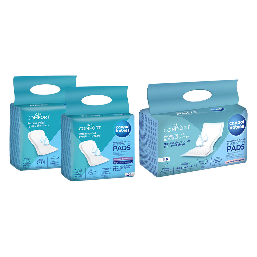 Set Canpol Babies, tampoane postnatale respirabile, absorbție ridicată, 2 x 10 bucăți + tampoane postnatale respirabile de noapte, 10 bucăți