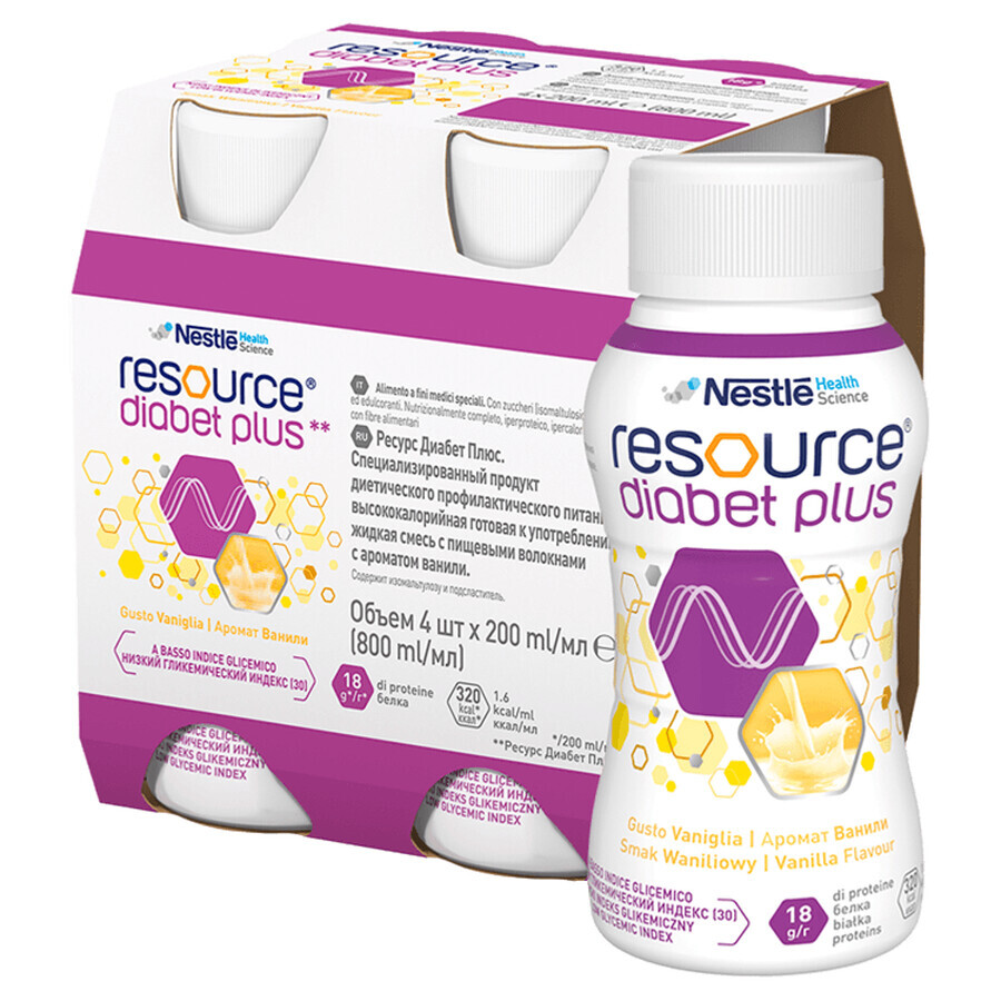 Resource Diabetes Plus, saveur vanille, 4 x 200 ml + Sac de courses gratuit